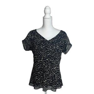 Ann Taylor Black and Cream Leaf Print Blouse with Sheer Sleeves